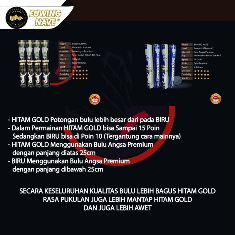 PROMOSHUTTLECOCK EUWING NAVE HITAM GOLD ORIGINAL BOLA BADMINTON KOK BULUTANGKIS COCK EUWING NAVE BLA
