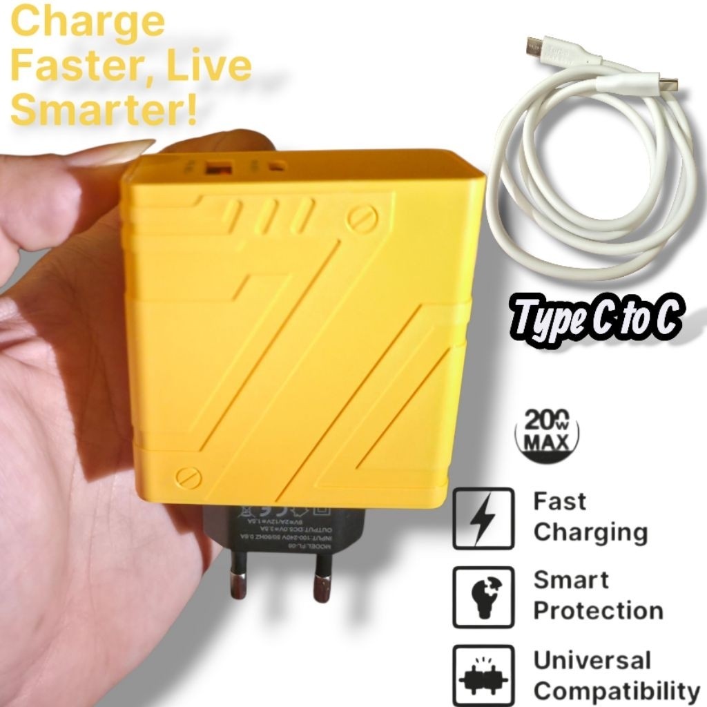 Charger 200w quick charger Yellow FL-06 one set 1 USB-A 1 USB type C adaptor fast charging