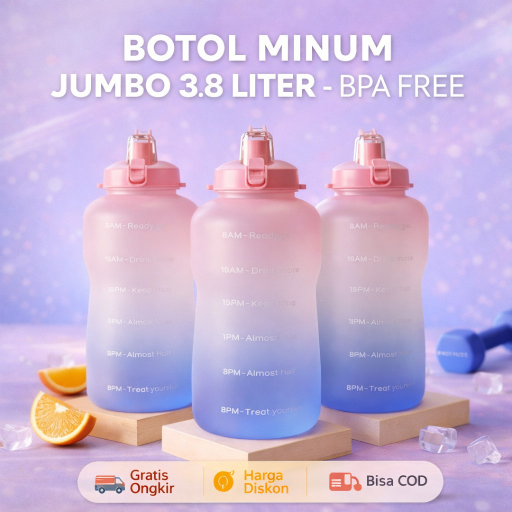 Botol Minum Jumbo 3.8 Liter BPA Free Time Marker 5003 | Botol Air Besar Motivasi Olahraga Gym Anti B