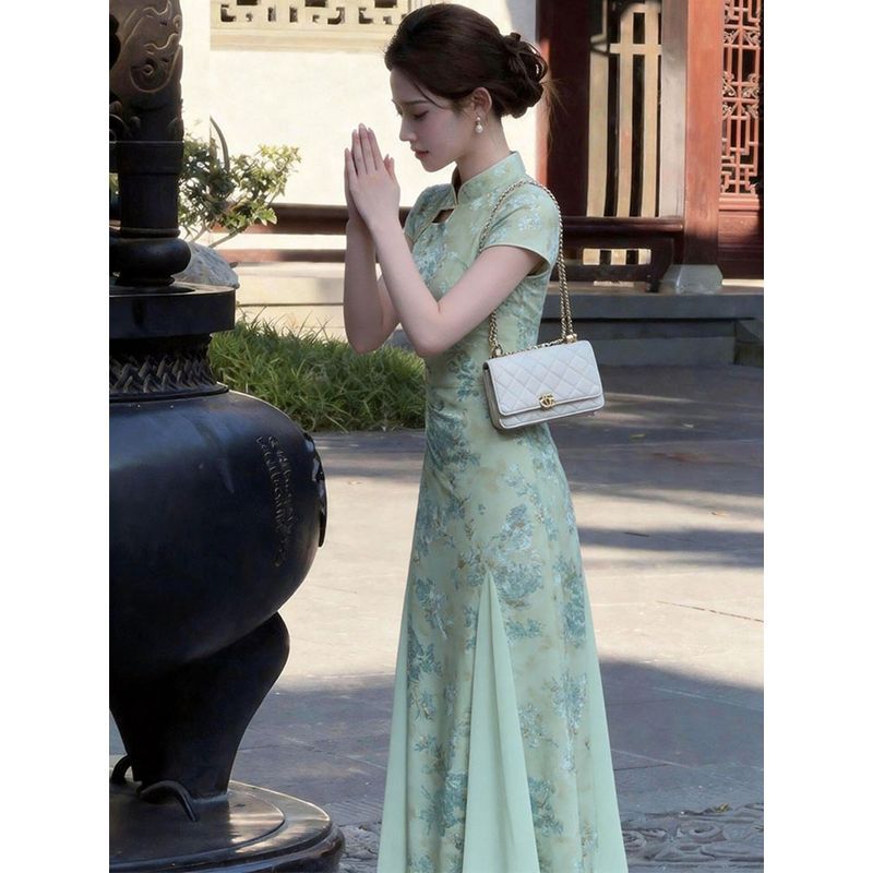 [COD] Gaun Cheongsam Hijau Modifikasi - Gaun Bergaya Super Cantik Lembut dan Elegan
