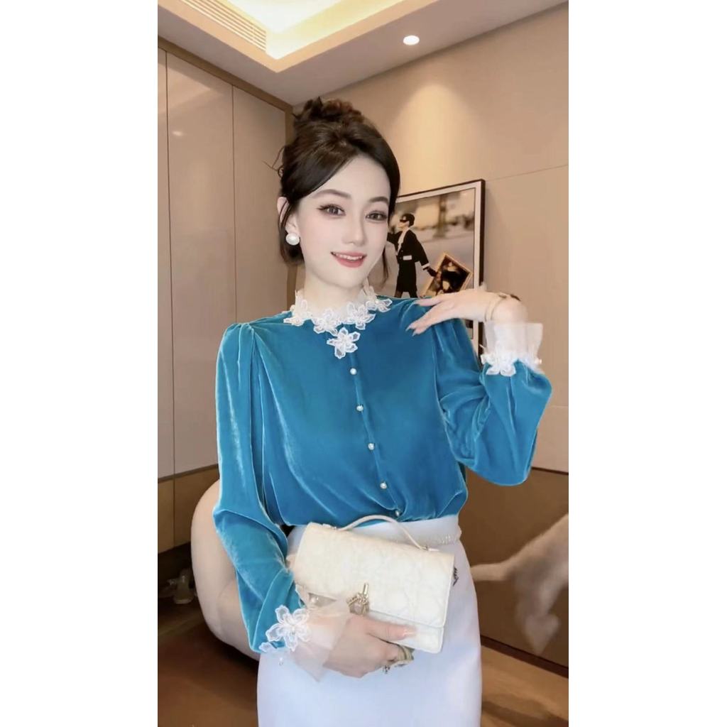 Kemeja Renda Bunga Berkerah Berdiri untuk Wanita yang Modis