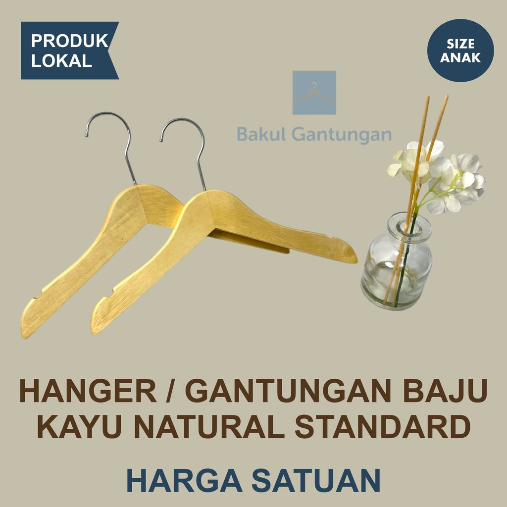 Hanger Kayu Natural Standard | Gantungan Baju Aesthetic Bahan Kayu Ukuran Baju Anak Kualitas Hemat K