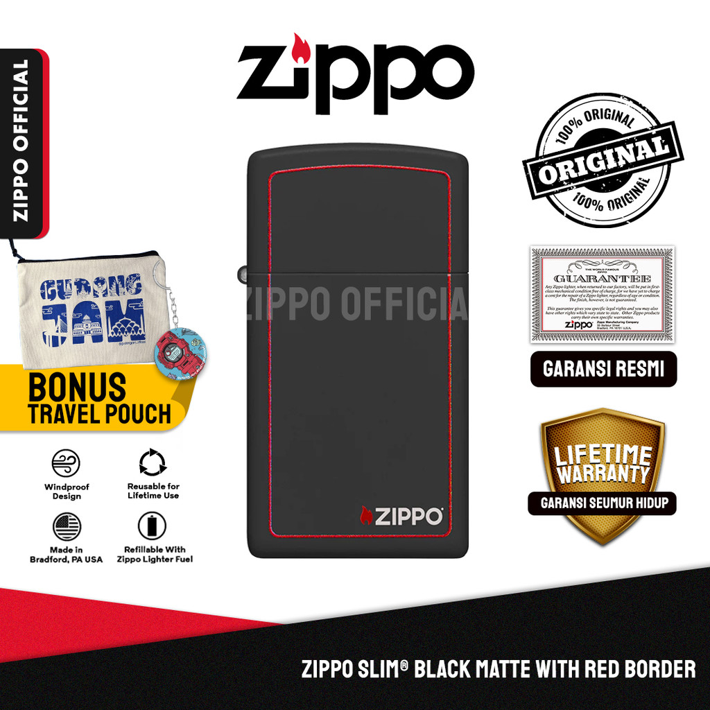 Zippo Slim® Black Matte with Red Border 1618ZB | Garansi Lifetime | Original