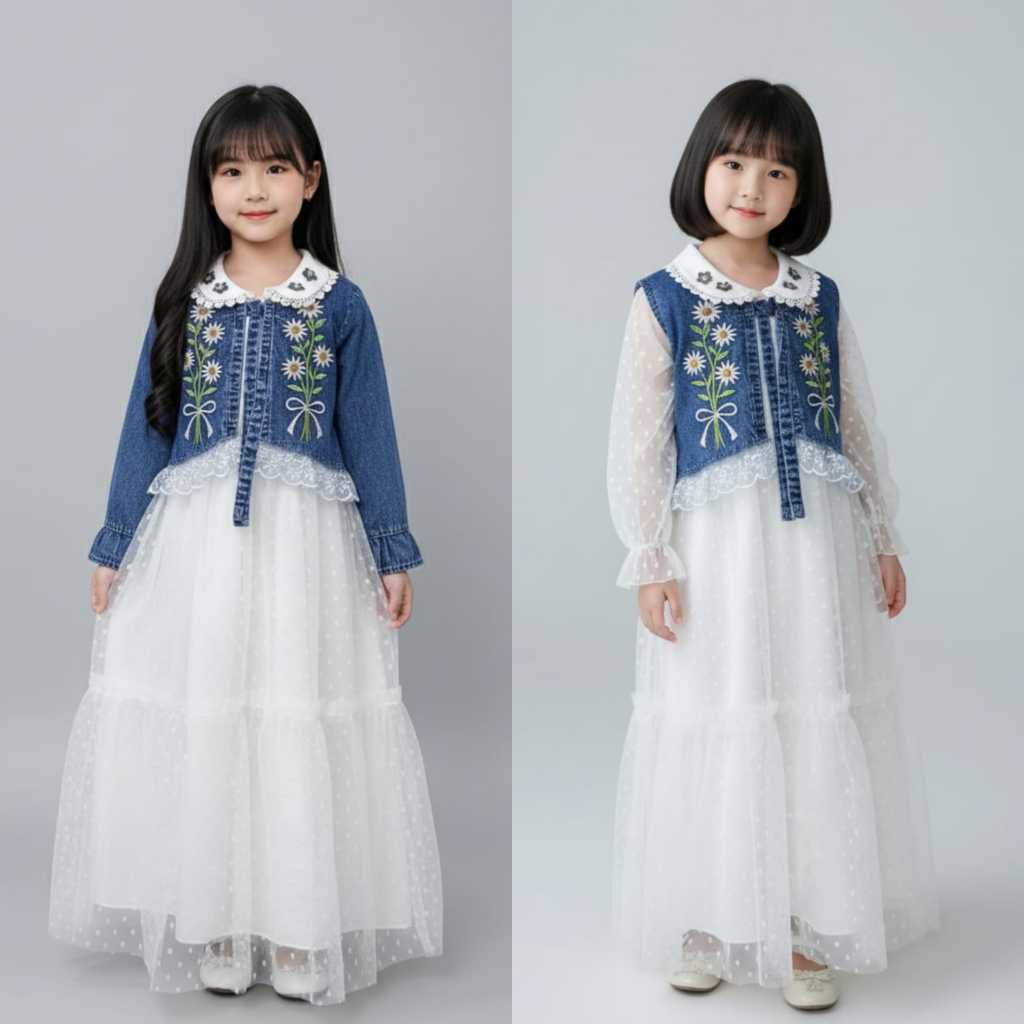 fortune_93 Gamis Denim Anak Perempuan Mewah, Baju Muslim Impor Kualitas Premium Usia 3-10 Tahun