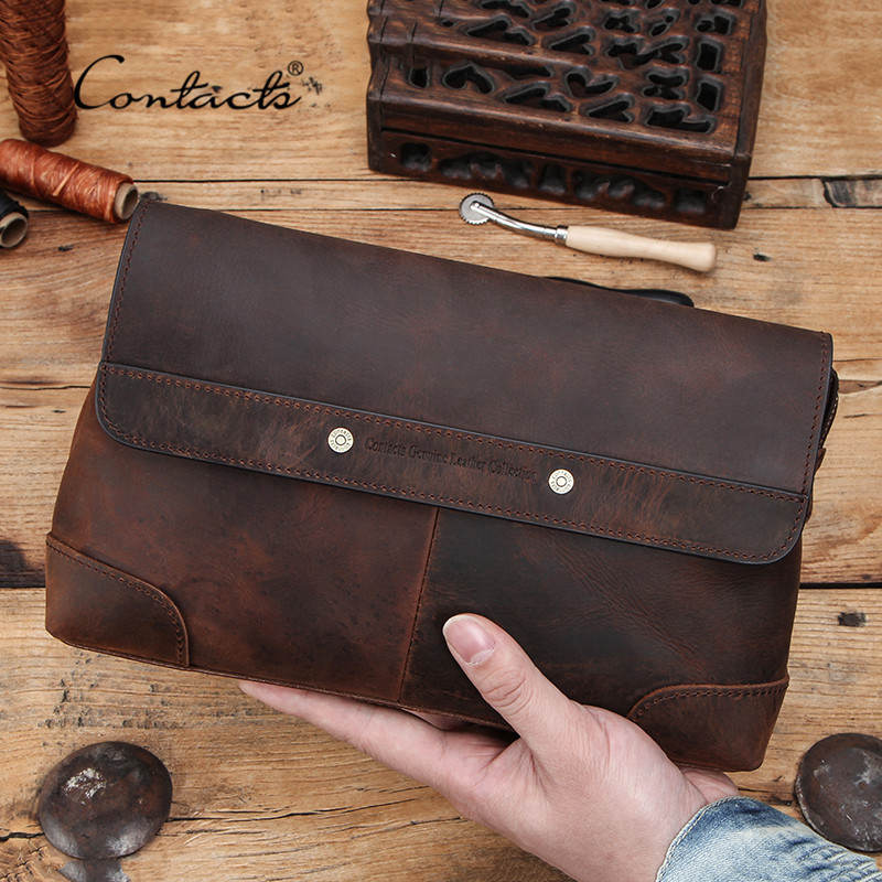 dompet CONTACT'S Men Clutch Bags Large Capacity Men Wallets Crazy Horse Leather Long Purse Male Mult
