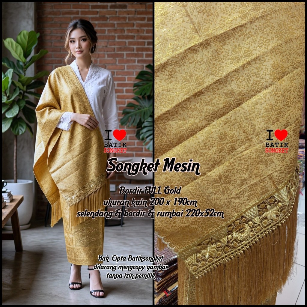 SONGKET MESIN MOTIF 6 BORDIR KUNING GOLD PENGANTIN HALUS LEPUS PALEMBANG MURAH SETELAN KAIN SELENDAN