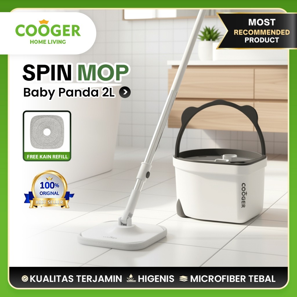 COOGER Pel Lantai Putar Panda Ember Terpisah Air Kotor dan Bersih Spin Mop 2L Refill Kain Microfiber