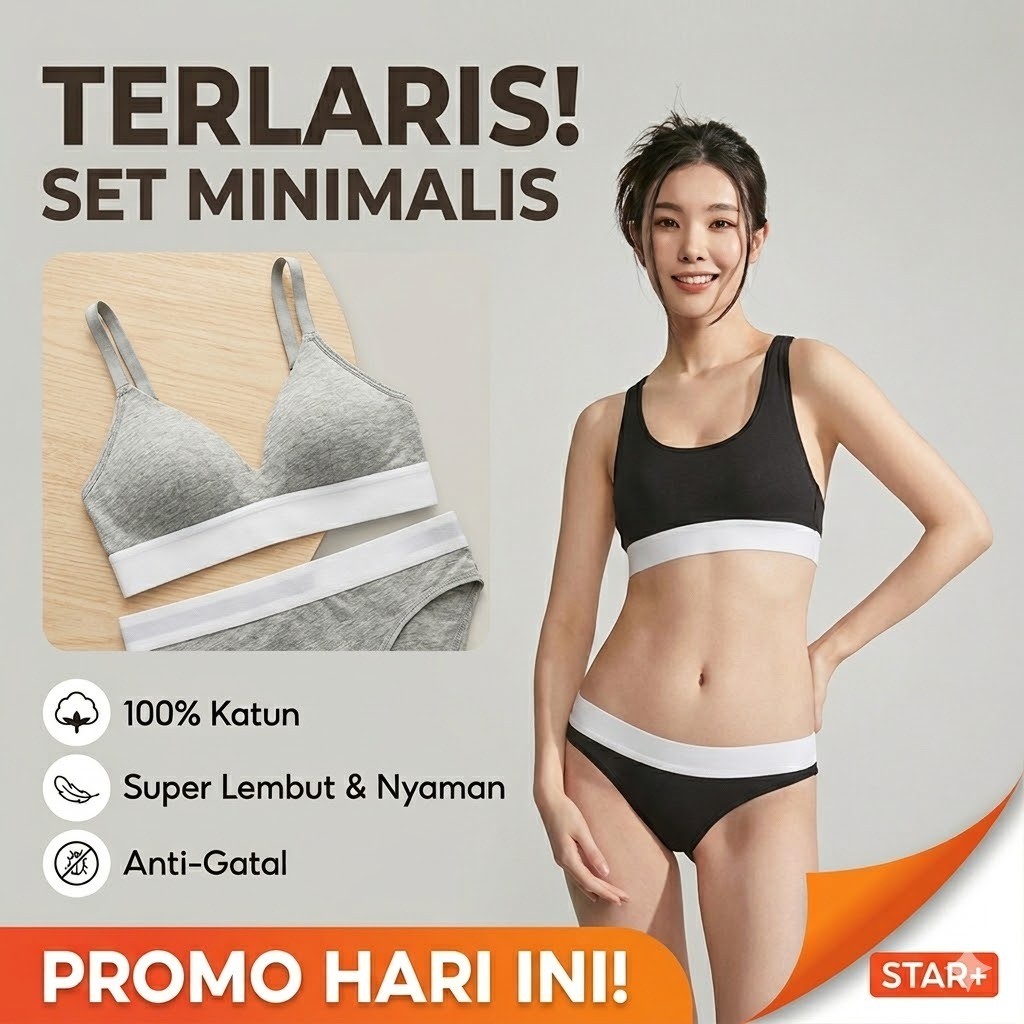 [SET] Pakaian Dalam Wanita Bralette Set Katun Minimalis Seamless Sport Bra dan Celana Dalam Wanita S