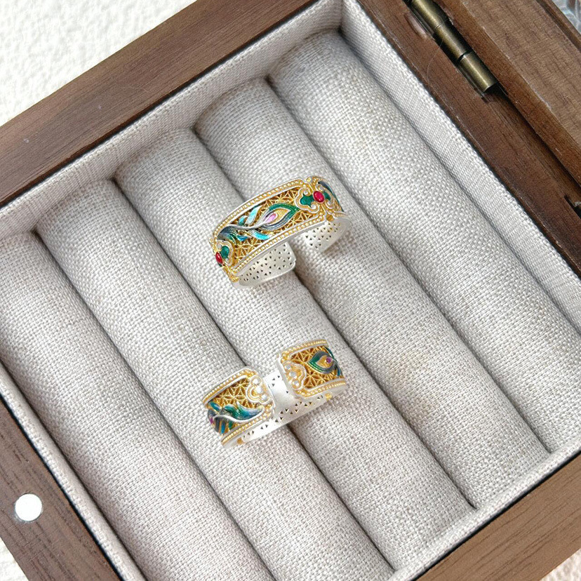 9999 cincin enamel perak murni wanita menggambar bulu phoenix emas