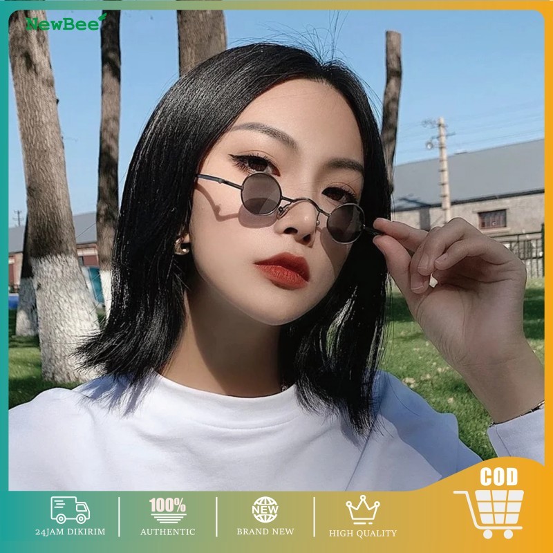 Kacamata Boboho Hitam Bulat Retro Kecil Kacamata Mini Wanita Frame Metal Gaya Retro Kacamata Hitam B
