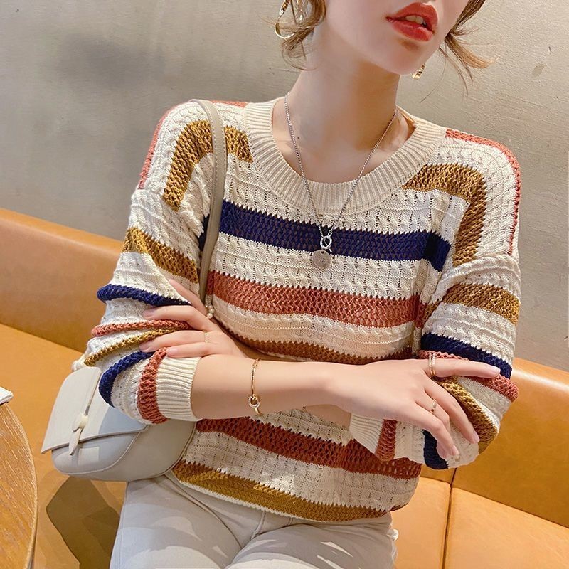 Sweater Rajut Kerah Bulat Baru Oversize Garis Warna-warni Tipis Batwing Outer Berlubang