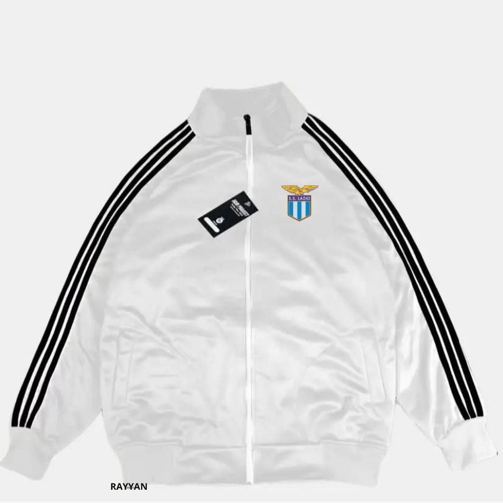 Lazio Jacket Tracktop Unisex Footbal Club Top Eropa / Dunia Warna White Motif List Tangan Hitam Sz M