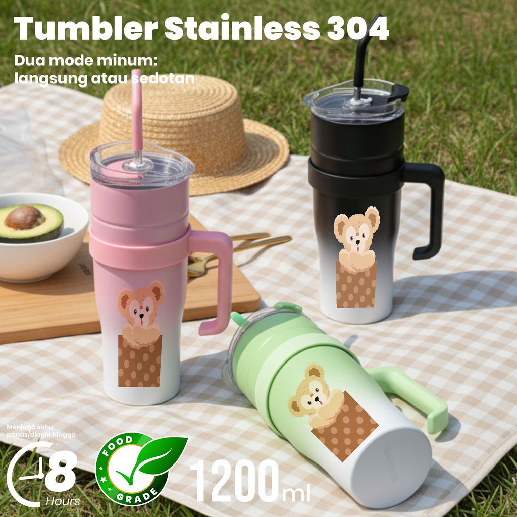 Tumbler Stainless Steel 304 1200ml Desain Beruang Berbintik Coklat Dua Mode (Tanpa atau dengan Sedot