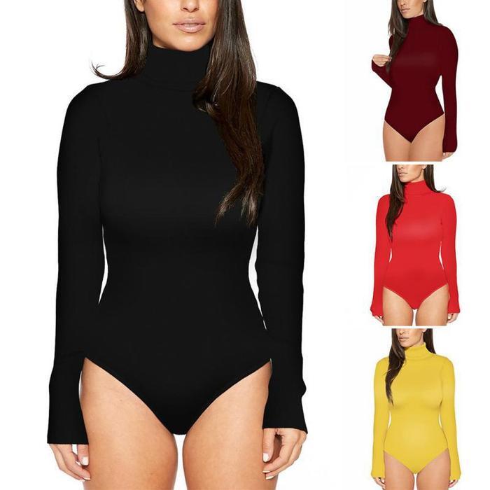 Lengan Panjang Bodysuit Leotard Turtle Neck