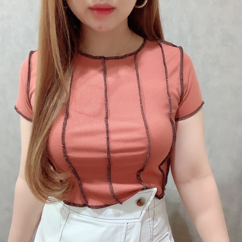 Stitch Knit Crop Top Short Sleeve | Baju Kaos Atasan Lengan Pendek Model Terbalik Jahit Bolak Balik
