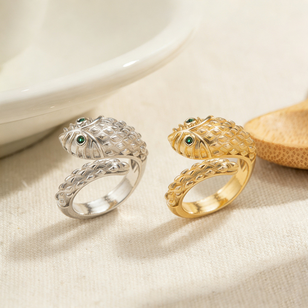 Cincin ular skala naga kuningan wanita cincin terbuka perhiasan kreatif