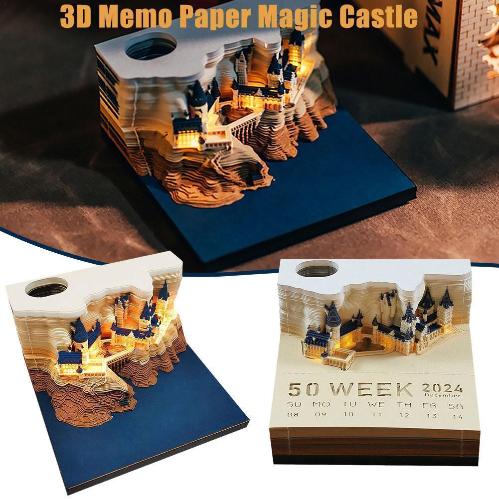 3D Memo Pad, 2024 Desk Calendar Memo Pad, 3D Magic Castle Weekly Calendar Notepad with Light Station