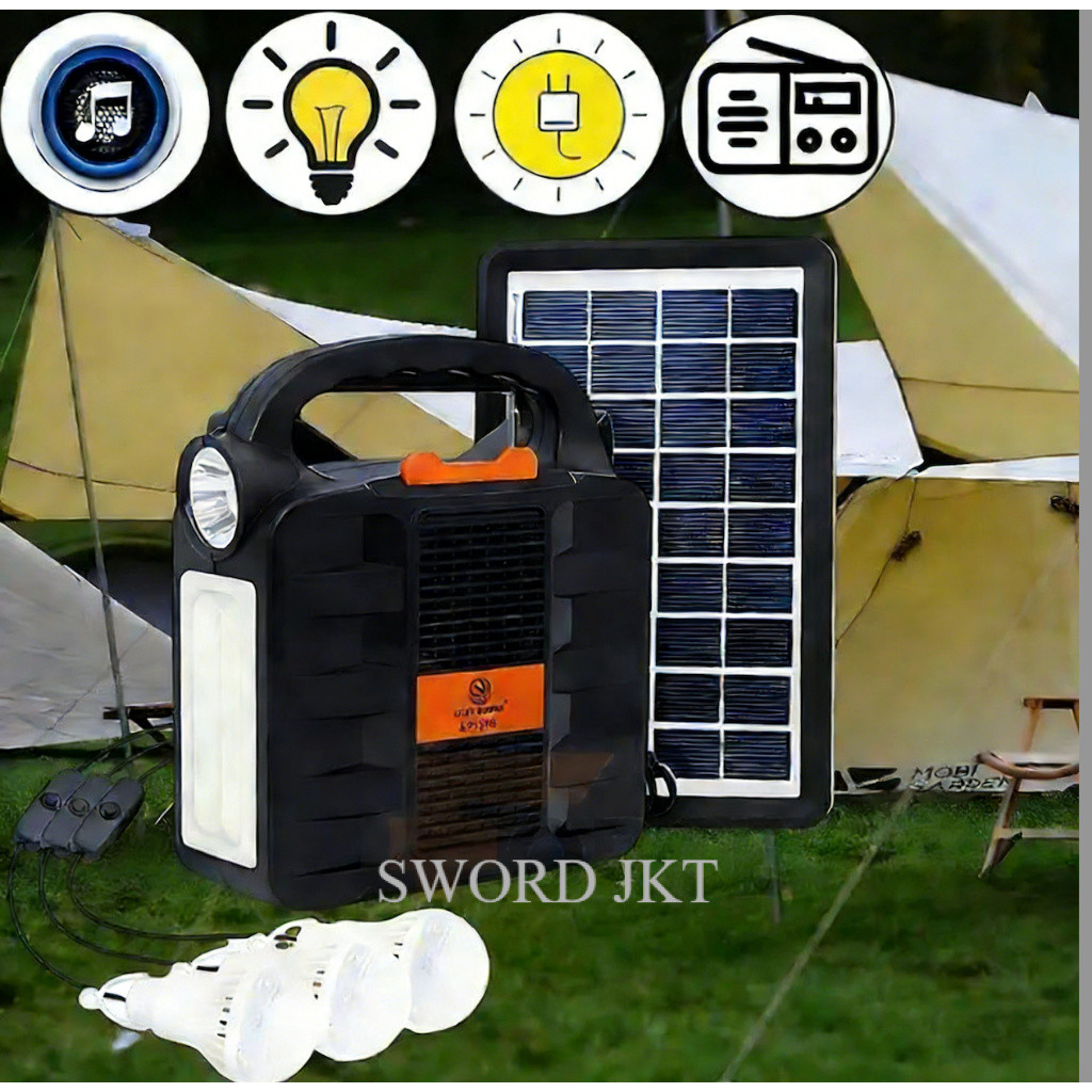 Pembangkit Listrik Tenaga Surya Portable Solar Power Kit Lampu LED Radio FM Bluetooth USB Emergency 