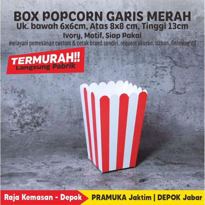Box Popcorn 8x8x13 cm Bahan Ivory Motif Garis Merah Siap Pakai (isi 100 pcs)
