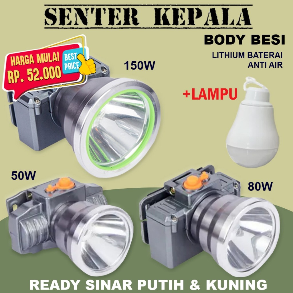 Genfu Paradase - Senter Lampu Kepala Head Lamp Body Aluminium Nyala Putih Kuning 50Watt / 80Watt / 1