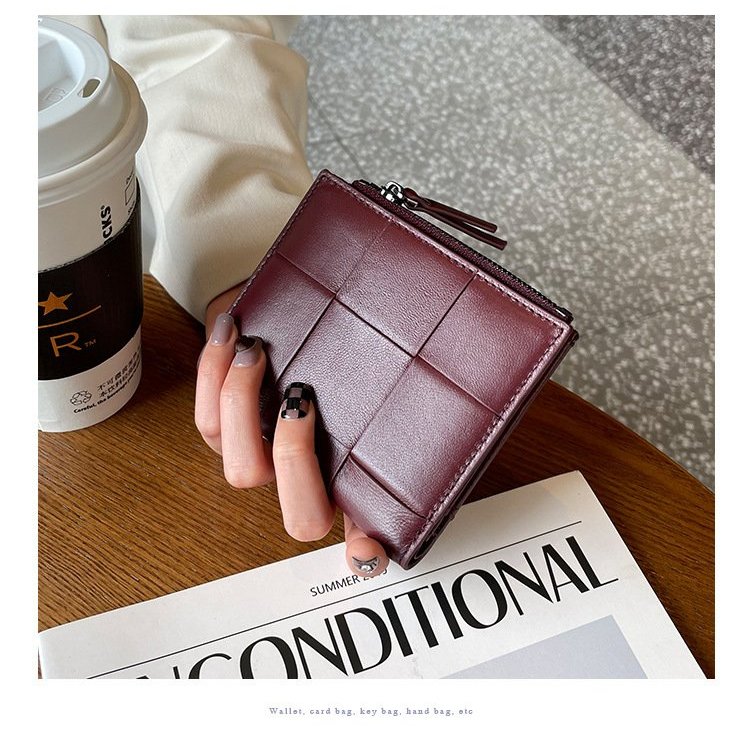 Dompet wanita model pendek, dompet kulit asli, dompet koin kapasitas besar kulit domba anyaman, domp