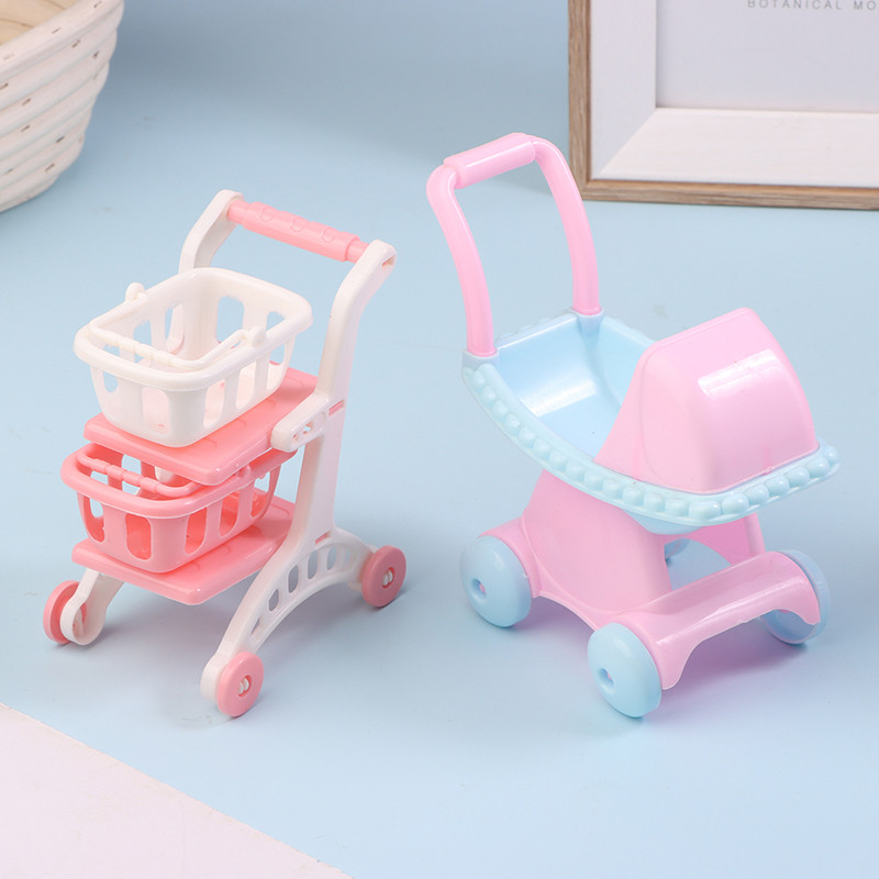 New 1/12 Dollhouse Simulation Mini Supermarket Shopping Cart Baby Trolley Shopping Basket Model Doll