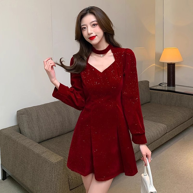 dress merah wanita elegan simple evening dress party night club mini dress lengan panjang casual