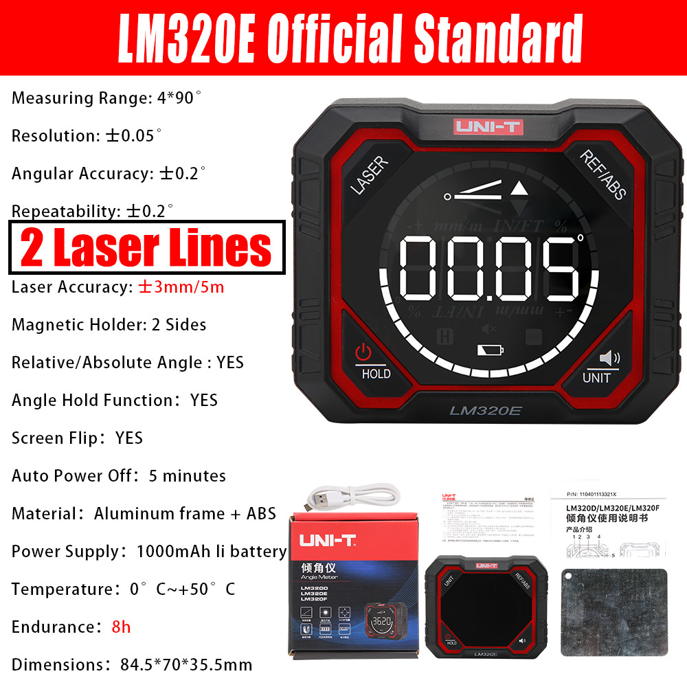UNI-T LM320F/E/D Digital Inclinometer Laser Angle Meter High Precision 4x90° Relative & Absolute Mea