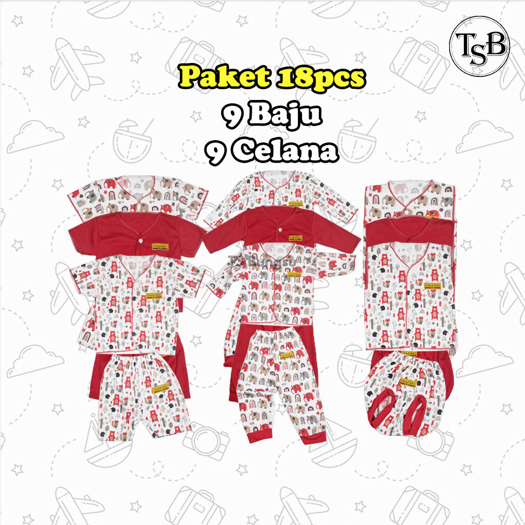 18 Pcs Paket Baju Bayi Dan Celana Bayi Baru Lahir 0-3 Bulan Seri Merah Model Lekton Model Lengan Pen