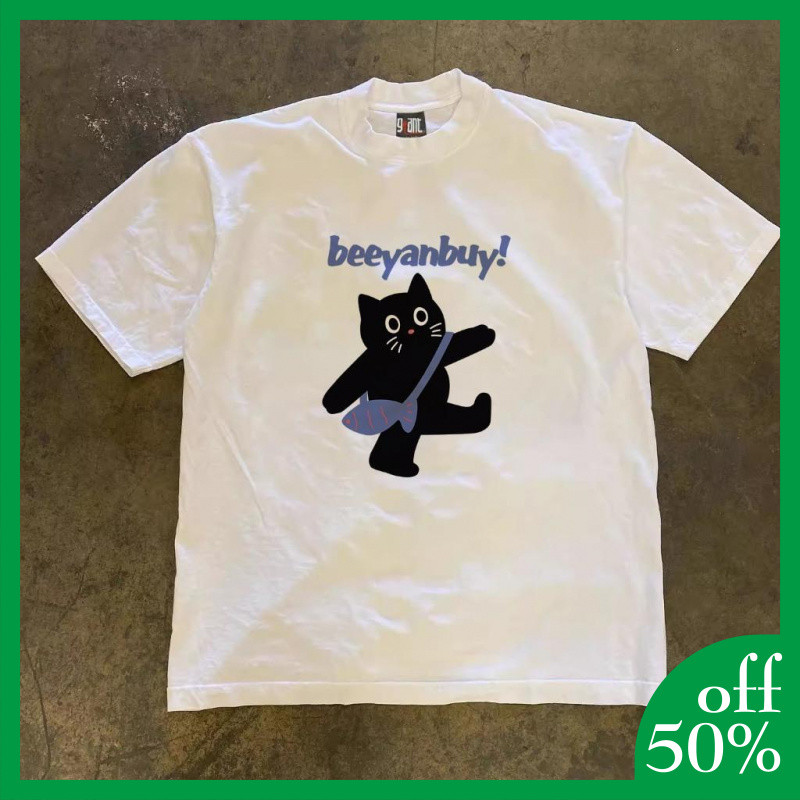 Korea Style T-shirt Oversize kucing memegang ikan | Kaos Wanita Puith