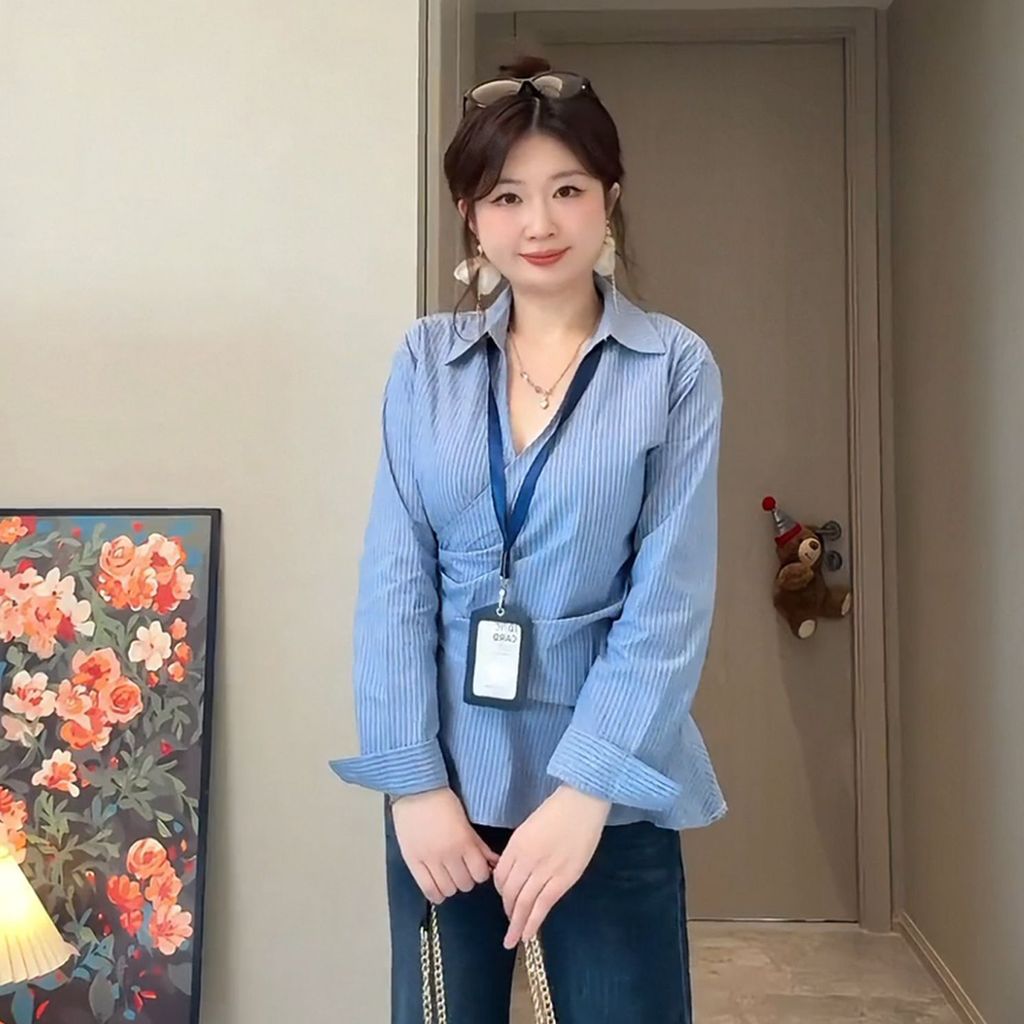 Aroana Big Size kemeja desain kemeja bergaris garis garis plisket korea atasan wanita kekinian