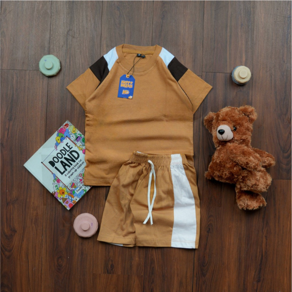 Setelan anak laki laki kombinasi caramel polos putih | Baju celana oneset anak perempuan