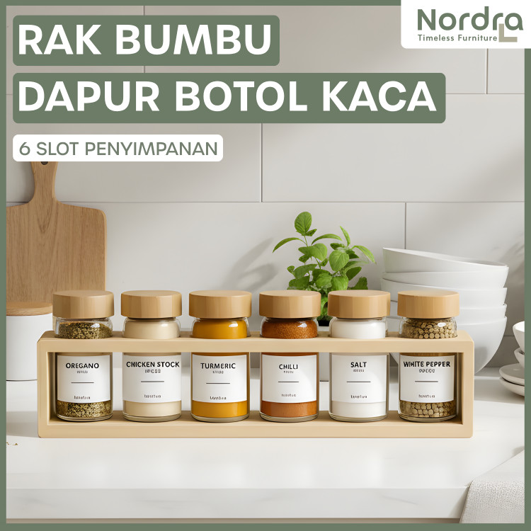 Rak Bumbu Dapur Estetik 6 Botol Kaca Spice Jar Rak Bumbu Kayu Storage Tempat Bumbu Dapur