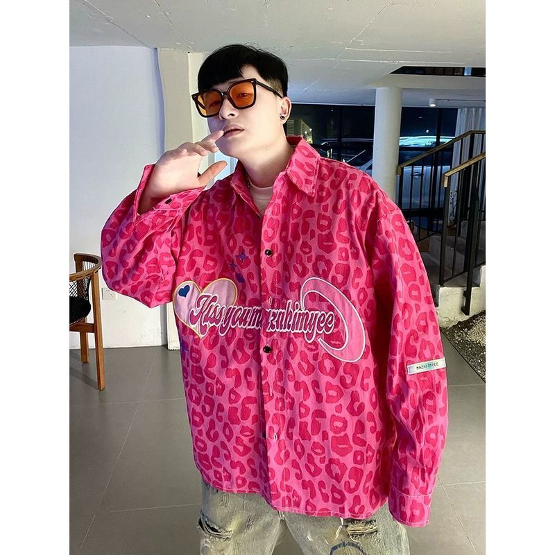 [Dia raja] Kemeja bordir motif macan tutul merah muda retro untuk pria dan wanita jaket kemeja gaya