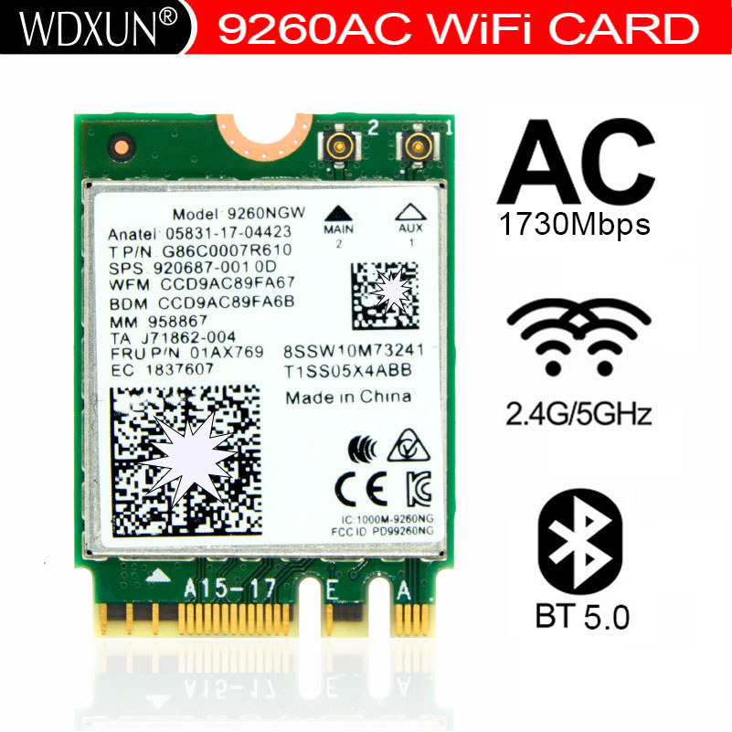 WDXUN Dual Band WirelessAC 9260 9260ac 9260NGW NGFF 80211ac MUMIMO 1730Mbps 173Gbps WiFi + Bluetooth