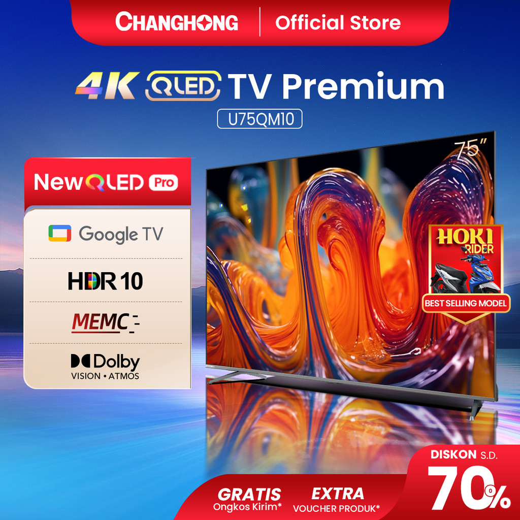 Changhong QLED TV 4K 75 inch Google Smart QLED PRO Digital TV Dolby Audio DBX-TV Google Play Netflix