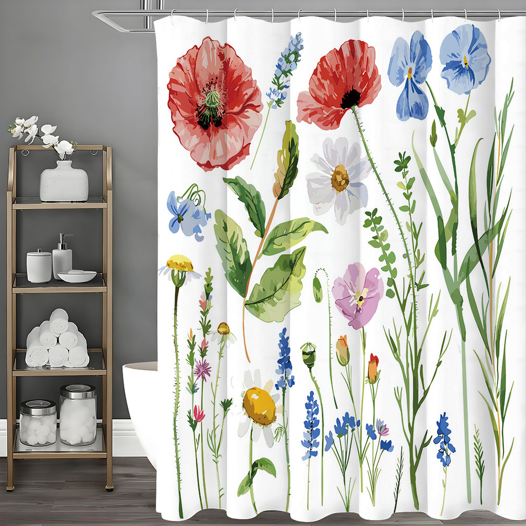 Spring Flower Plant Shower Curtain, Bathroom Decorative Shower Curtain, Waterproof Shower Curtain wi