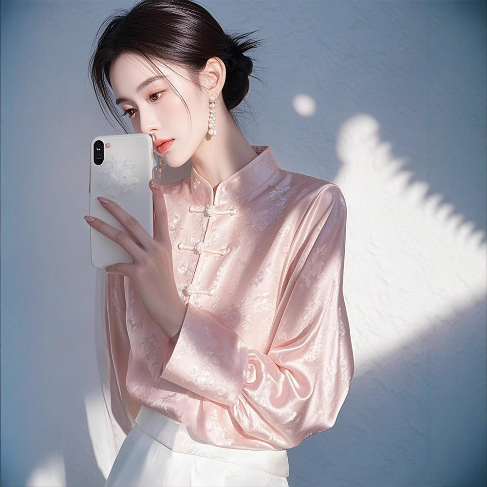 Kemeja Jacquard Satin Gaya Cina Baru, Baju Tang, Blus Kancing untuk Wanita