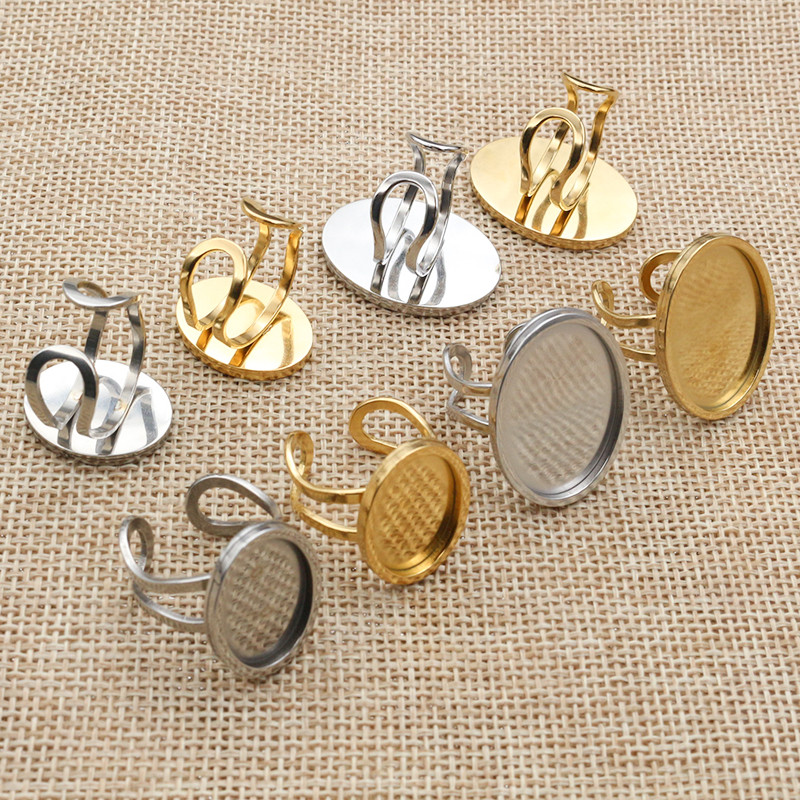 5pcs 13x18mm 18x25mm Inner Size Oval Stainless Steel Adjustable Ring Settings Blank Base Fit Oval Gl