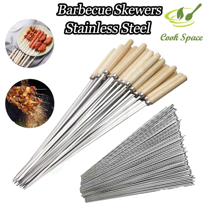 Bisa COD 50 Pcs Tusuk Sate Stainless Steel BBQ Skewer 32cm Anti Karat Gagang Kayu