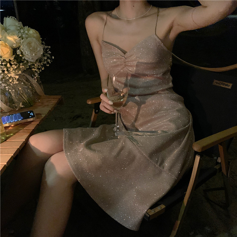 gaun rose gold pesta mewah dress wanita tanpa lengan premium korean style kekinian dress elegan pres