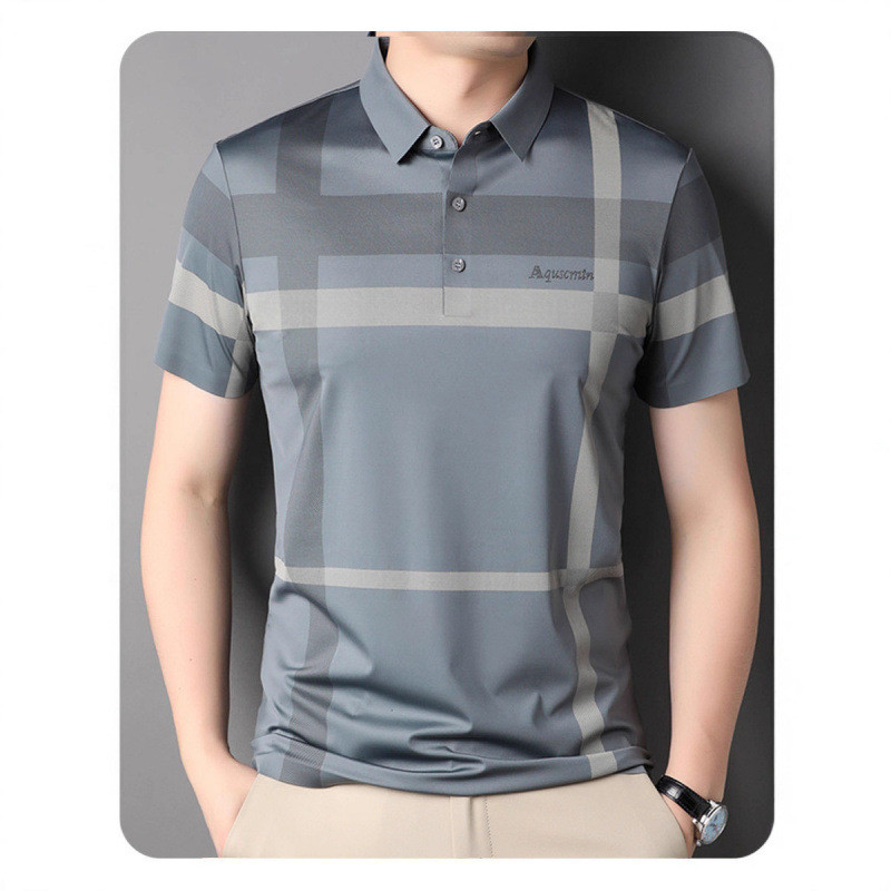 Atasan berkerah longgar kasual berkualitas tinggi   Kemeja Lengan Pendek Kotak-Kotak Pria polo