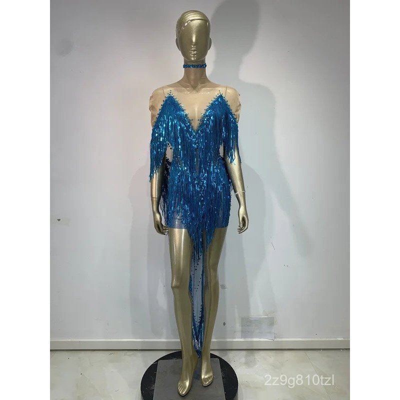 Women Sexy Mesh See Through Blue Rhinestones Tassel Dress Sparkly Singer Dancer Nightclub Birthday S