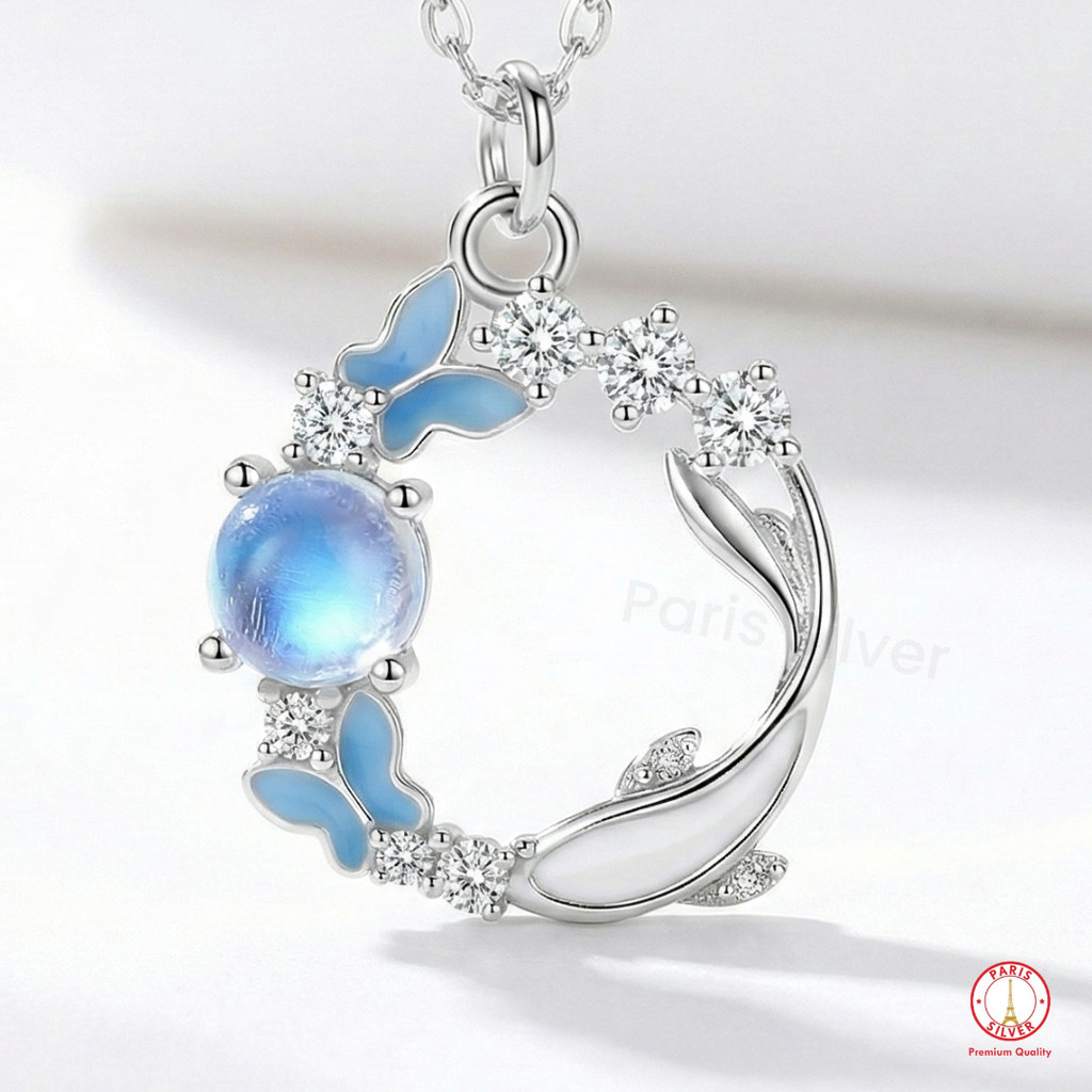 Kalung Perak Asli 925 Wanita Liontin Ikan & Kupu-Kupu Elegan Silver Lapis Emas Putih Anti Karat