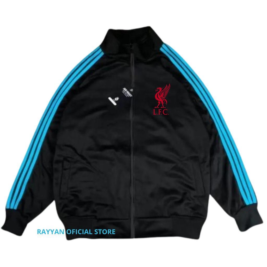 Liverpool Jacket Tracktop Unisex Footbal Club Top Eropa / Dunia Warna Hitam Motif List Tangan Biru S