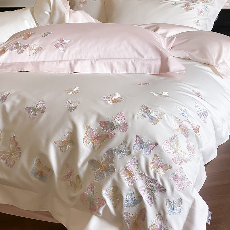 4Pcs White/Pink Luxury Butterfly Embroidery Bedding Set 1000TC Egyptian Cotton Duvet Cover Bed Sheet