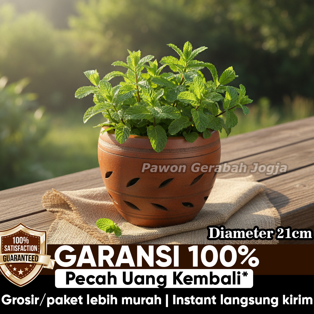 Pawon Gerabah | Pot Bunga Tanah Liat Gentong Bulat Besar Diameter 21 cm Lubang Aerasi Samping Bawah 