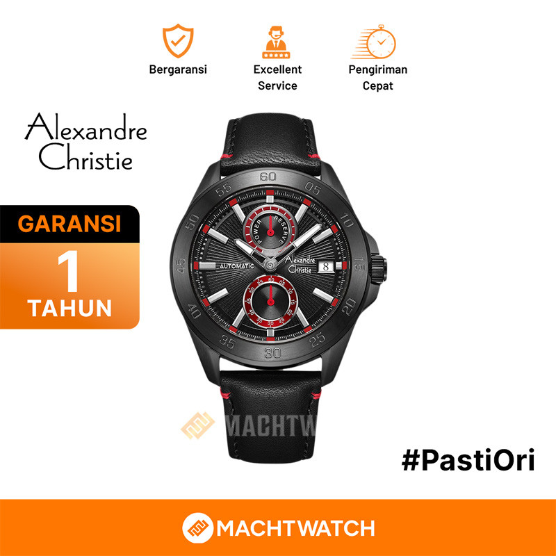 Jam Tangan Pria Alexandre Christie Automatic AC 3045 MA LIPBARE Man Black Dial Black Leather Strap