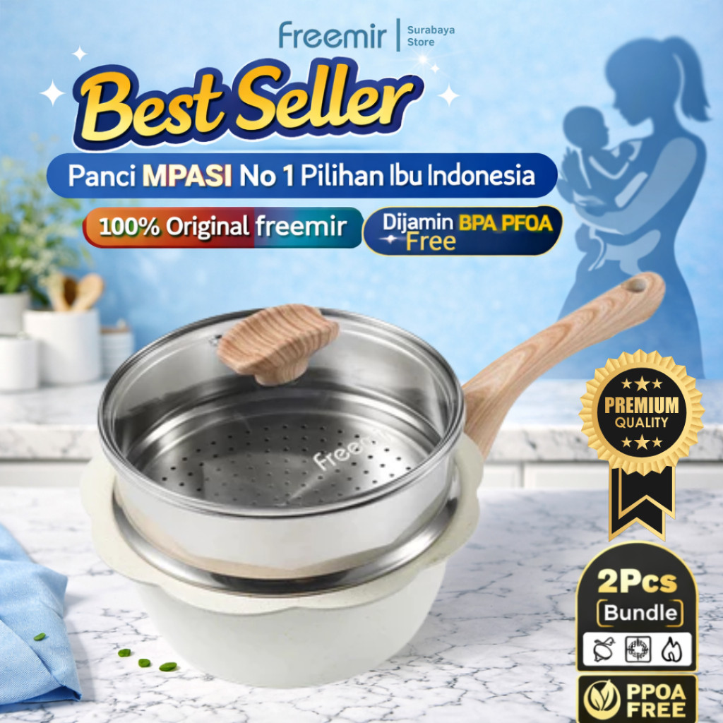 [Special Doorprize] freemir Panci MPASI Bayi + Kukus Bunga 16cm Teflon Pink Beige BPA PFOA Free