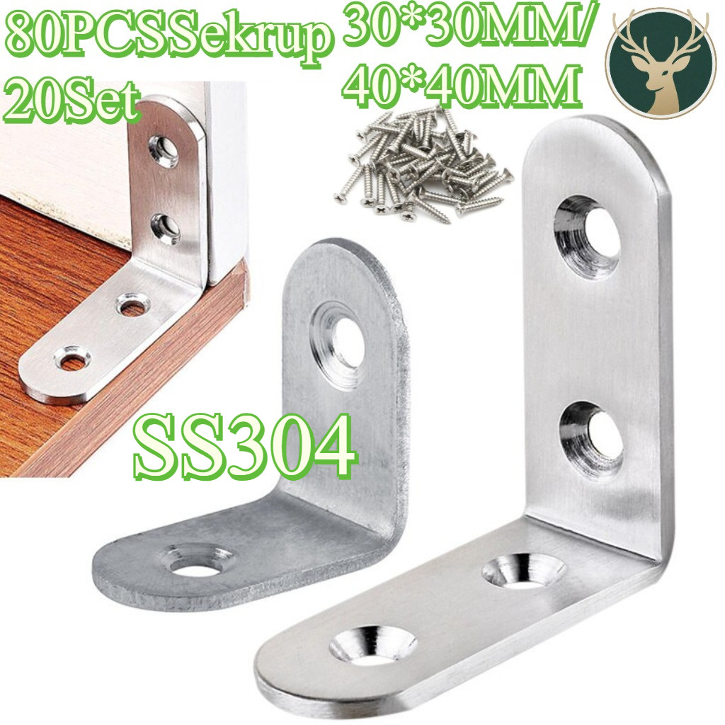 (20pcs Siku L+80 PCS Sekrup) 30*30/40*40MM Siku L Stainless Steel/ Plat Siku L/ Bracket Siku Penyang